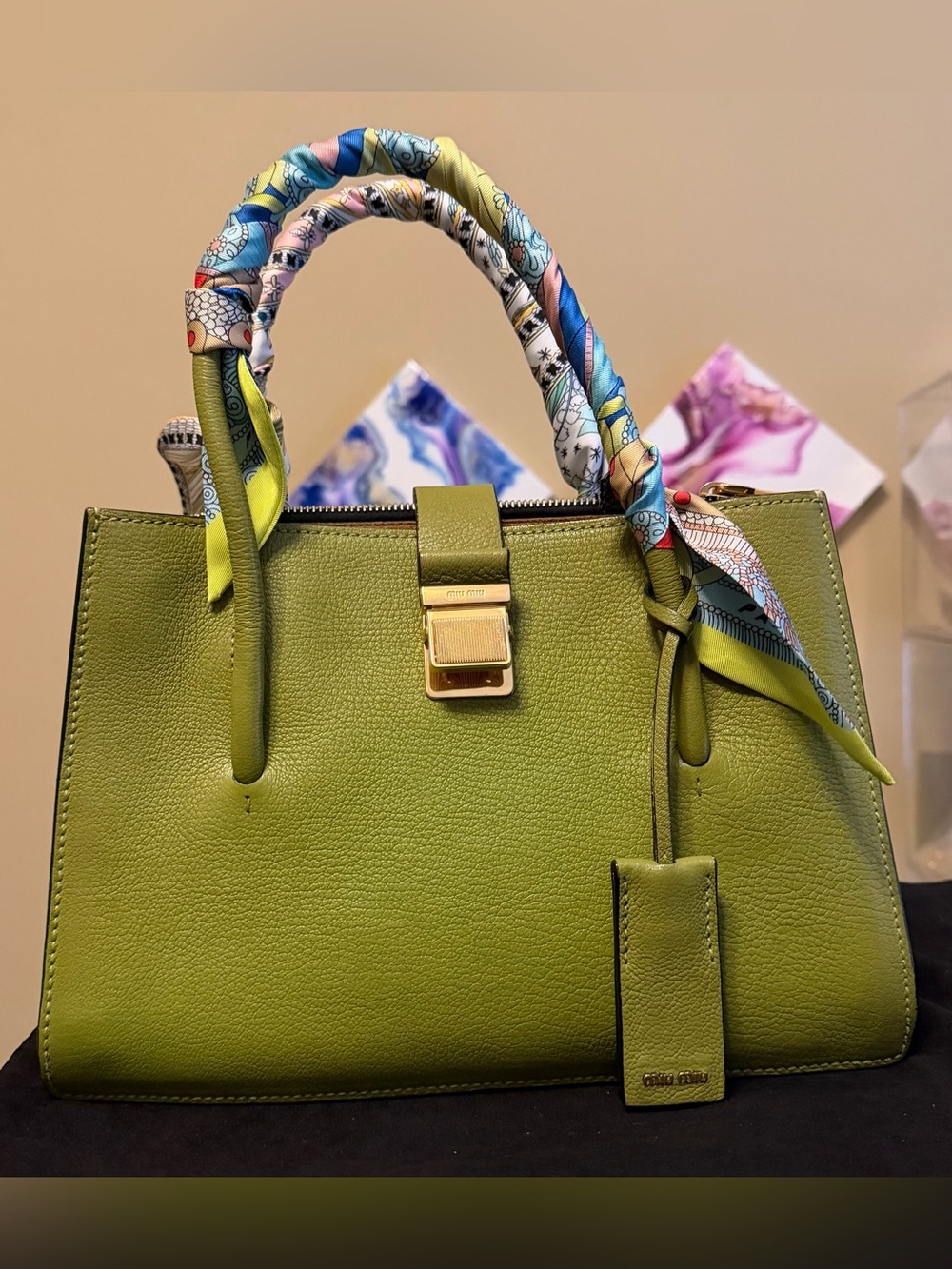 Olive Green Structured Leather Tote with Scarf-Wrapped Handles